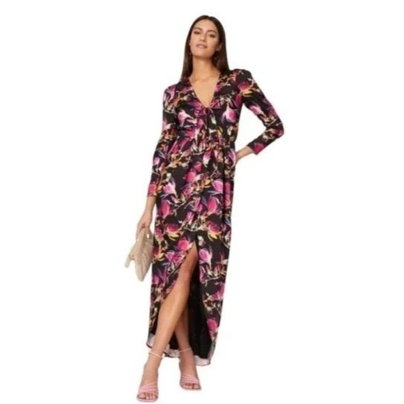 Delfi Dresses & Skirts - Delfi Collective Lindsay Floral Satin Gown Maxi A-line Dress Long Sleeve Size L